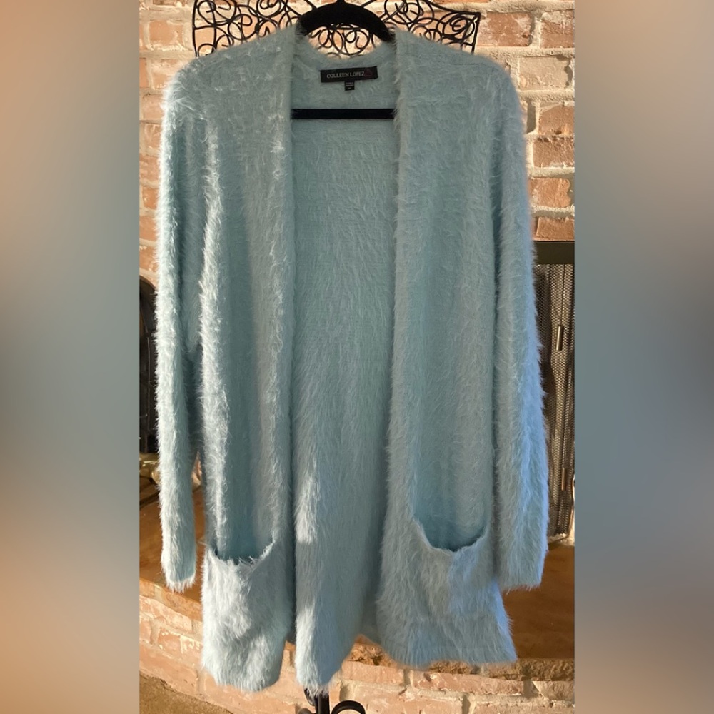 Colleen Lopez Soft Blue Fuzzy Open Cardigan